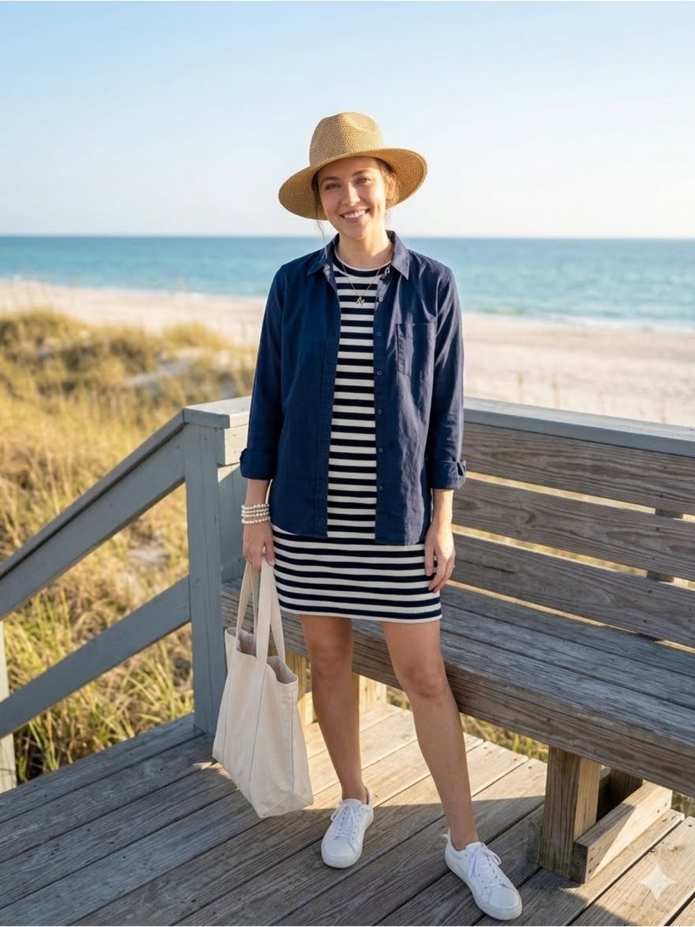 Madewell Striped Velour Tee Dress Dark Navy Blue & White Short Sleeve Medium